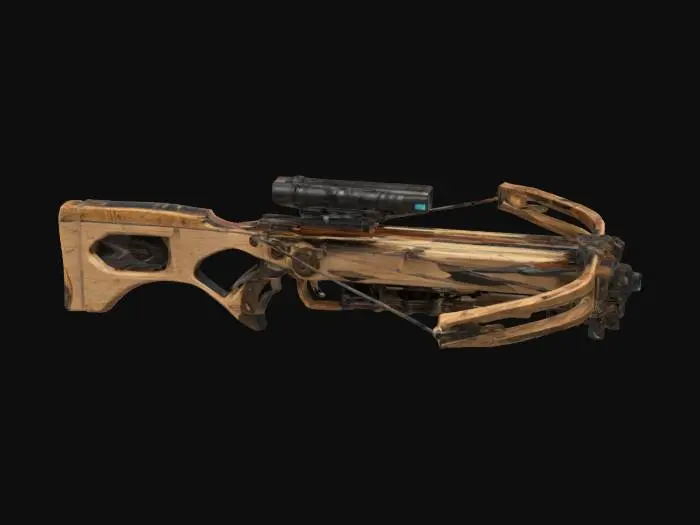 3D model for Artifact Name: Eclipse Crossbow
Description: A fusion of an ancient hunter’s wooden crossbow and a cybernetic targeting system. The bowstring is composed of woven nanofibers, capable of launching both traditional arrows and energy-infused projectiles. The integrated HUD scans the battlefield and calculates trajectory adjustments in real time, ensuring precision across all time periods., #ChronoForgeWeapon#