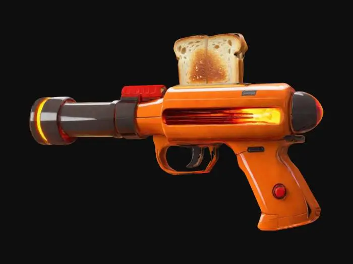 3D model for The Toast Blaster
🌀 Description: A sci-fi ray gun that fires superheated toast! The barrel glows red before each shot, and toasted bread slices fly out with a dramatic “DING!” sound. Makes enemies extra crispy.

📏 Size & Shape: Chunky, cartoonish ray gun with an exaggerated toaster barrel.
🎨 Colors & Materials: Bright orange, glowing yellow, shiny chrome body.
✨ Additional Features: Occasionally releases steam like a real toaster., #ChronoForgeWeapon#