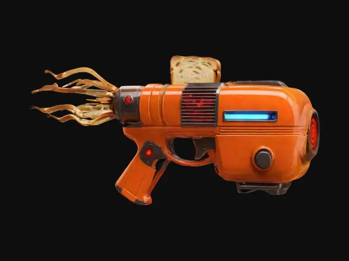 3D model for The Toast Blaster
🌀 Description: A sci-fi ray gun that fires superheated toast! The barrel glows red before each shot, and toasted bread slices fly out with a dramatic “DING!” sound. Makes enemies extra crispy.

📏 Size & Shape: Chunky, cartoonish ray gun with an exaggerated toaster barrel.
🎨 Colors & Materials: Bright orange, glowing yellow, shiny chrome body.
✨ Additional Features: Occasionally releases steam like a real toaster., #ChronoForgeWeapon#
