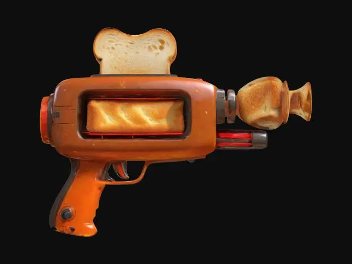 3D model for The Toast Blaster
🌀 Description: A sci-fi ray gun that fires superheated toast! The barrel glows red before each shot, and toasted bread slices fly out with a dramatic “DING!” sound. Makes enemies extra crispy.

📏 Size & Shape: Chunky, cartoonish ray gun with an exaggerated toaster barrel.
🎨 Colors & Materials: Bright orange, glowing yellow, shiny chrome body.
✨ Additional Features: Occasionally releases steam like a real toaster., #ChronoForgeWeapon#