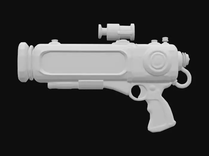 3D model for A hilariously oversized ray gun with a warning label that says “DO NOT USE.” The barrel contains a swirling mini-universe with tiny planets orbiting inside. The gun shakes violently when charging, as if reality is collapsing. Fires a singularity blast that erases things from existence, but sometimes duplicates them instead. Stylized textures with exaggerated sci-fi plating, glowing cosmic energy, and playful distortion effects., #ChronoForgeWeapon#