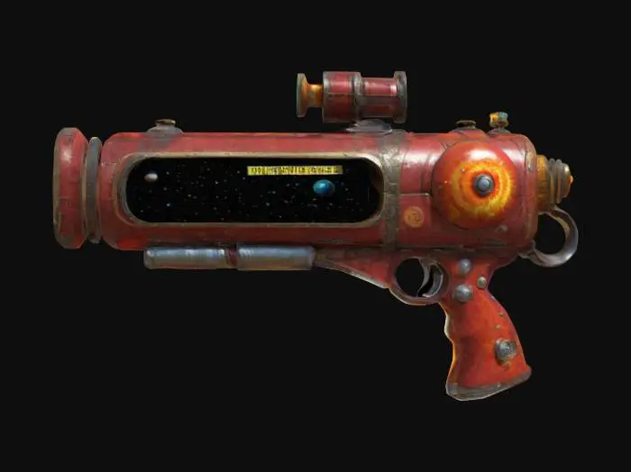 3D model for A hilariously oversized ray gun with a warning label that says “DO NOT USE.” The barrel contains a swirling mini-universe with tiny planets orbiting inside. The gun shakes violently when charging, as if reality is collapsing. Fires a singularity blast that erases things from existence, but sometimes duplicates them instead. Stylized textures with exaggerated sci-fi plating, glowing cosmic energy, and playful distortion effects., #ChronoForgeWeapon#