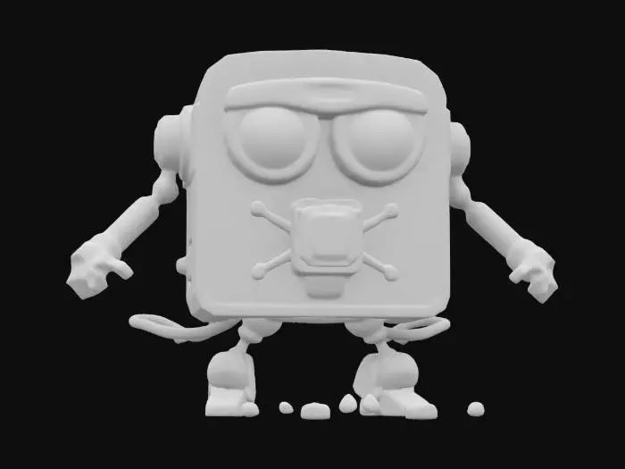 3D model for "A sentient, cartoonish slice of golden-brown toast with expressive eyes, robotic chrome arms and legs, and a butter-fueled jetpack. Wears a high-tech visor displaying glowing holographic data. One arm is a multi-tool butter knife, transforming into an energy sword. Legs have mechanical pistons but make squeaky noises. Walks robotically, leaving a trail of crumbs. Stylized textures with a glossy metal finish and exaggerated cartoon proportions, #ChronoForgeWeapon#