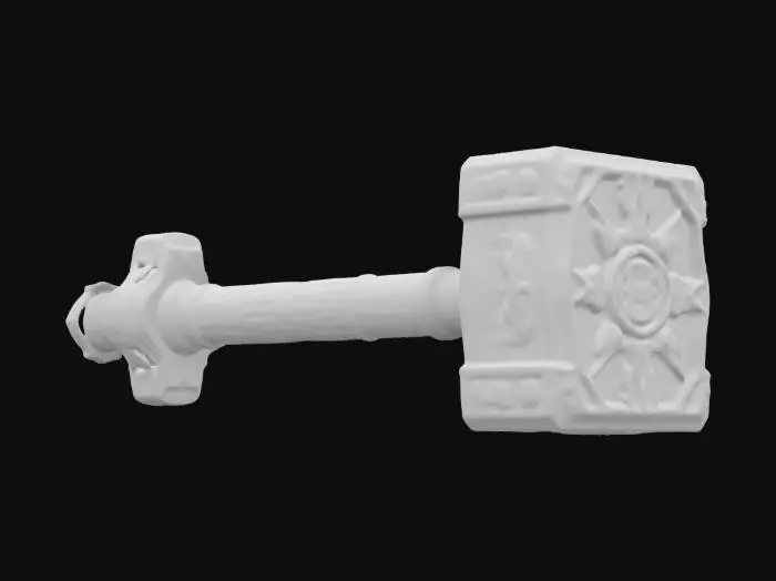 3D model for A massive war hammer forged from ancient blockchain ledgers, stored in indestructible stone tablets. The hammerhead is engraved with glowing neon green transaction logs, flickering with crypto energy. The handle is wrapped in high-tech blockchain cables. Each impact plays a robotic 'BLOCK CONFIRMED' voice. Occasionally vanishes into the blockchain, requiring it to be mined back. Stylized textures with exaggerated sci-fi carvings and glowing energy veins., #ChronoForgeWeapon#