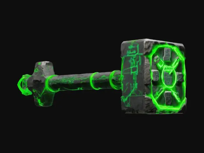 3D model for A massive war hammer forged from ancient blockchain ledgers, stored in indestructible stone tablets. The hammerhead is engraved with glowing neon green transaction logs, flickering with crypto energy. The handle is wrapped in high-tech blockchain cables. Each impact plays a robotic 'BLOCK CONFIRMED' voice. Occasionally vanishes into the blockchain, requiring it to be mined back. Stylized textures with exaggerated sci-fi carvings and glowing energy veins., #ChronoForgeWeapon#