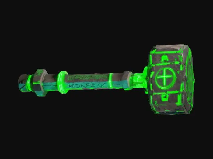3D model for A massive war hammer forged from ancient blockchain ledgers, stored in indestructible stone tablets. The hammerhead is engraved with glowing neon green transaction logs, flickering with crypto energy. The handle is wrapped in high-tech blockchain cables. Each impact plays a robotic 'BLOCK CONFIRMED' voice. Occasionally vanishes into the blockchain, requiring it to be mined back. Stylized textures with exaggerated sci-fi carvings and glowing energy veins., #ChronoForgeWeapon#