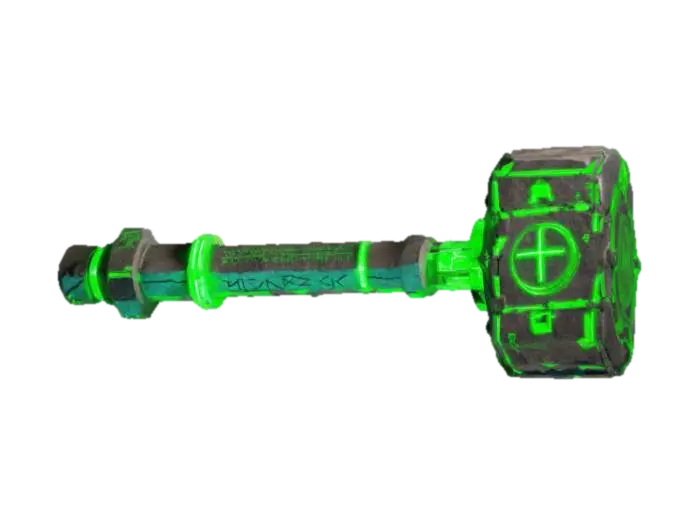 A massive war hammer forged from ancient blockchain ledgers, stored in indestructible stone… - Crypto 3D model, AI generated