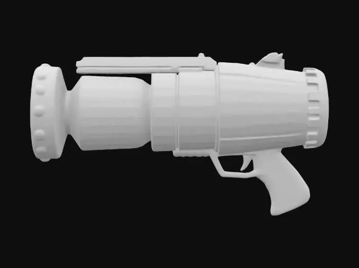 3D model for A hilariously oversized ray gun with a warning label that says “DO NOT USE.” The barrel contains a swirling mini-universe with tiny planets orbiting inside. The gun shakes violently when charging, as if reality is collapsing. Fires a singularity blast that erases things from existence, but sometimes duplicates them instead. Stylized textures with exaggerated sci-fi plating, glowing cosmic energy, and playful distortion effects., #ChronoForgeWeapon#