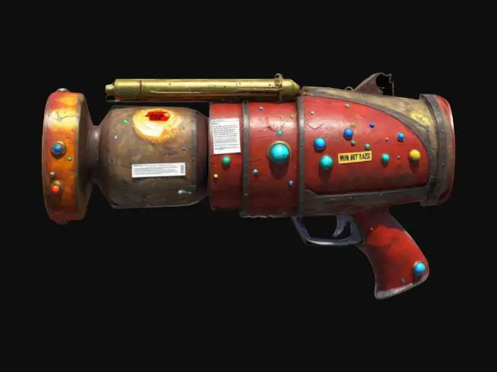 3D model for A hilariously oversized ray gun with a warning label that says “DO NOT USE.” The barrel contains a swirling mini-universe with tiny planets orbiting inside. The gun shakes violently when charging, as if reality is collapsing. Fires a singularity blast that erases things from existence, but sometimes duplicates them instead. Stylized textures with exaggerated sci-fi plating, glowing cosmic energy, and playful distortion effects., #ChronoForgeWeapon#