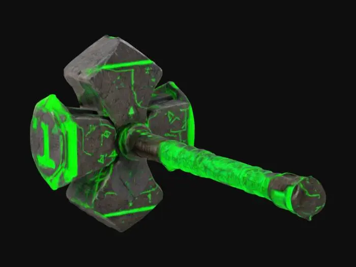 3D model for A massive war hammer forged from ancient blockchain ledgers, stored in indestructible stone tablets. The hammerhead is engraved with glowing neon green transaction logs, flickering with crypto energy. The handle is wrapped in high-tech blockchain cables. Each impact plays a robotic 'BLOCK CONFIRMED' voice. Occasionally vanishes into the blockchain, requiring it to be mined back. Stylized textures with exaggerated sci-fi carvings and glowing energy veins., #ChronoForgeWeapon#