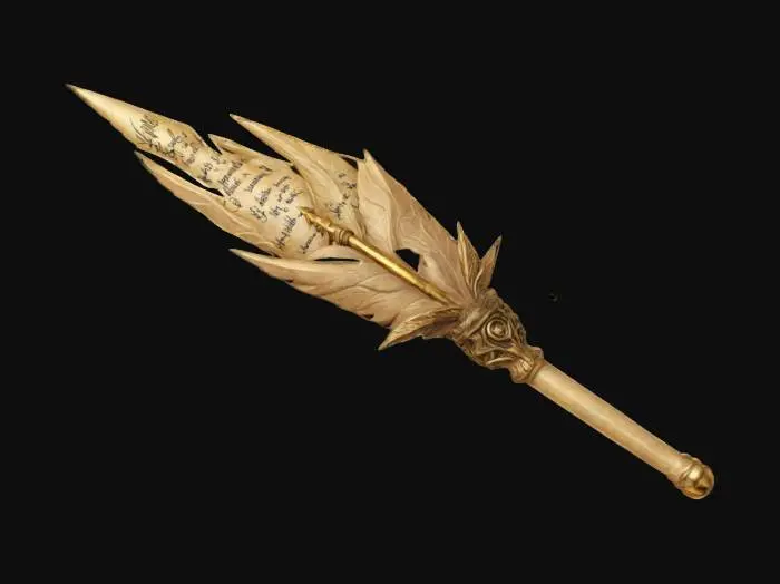 3D model for  The “We’re Retconning This” Wand 🪄📜
Description:

A magical wand that rewrites anything it touches into something else.
You don’t defeat enemies—you rewrite them into having already been defeated.
Size & Shape: A golden, quill-shaped wand that emits script-rewriting energy.
Colors & Materials: Glowing parchment texture, with “Under Revision” flashing along its length., #ChronoForgeWeapon#