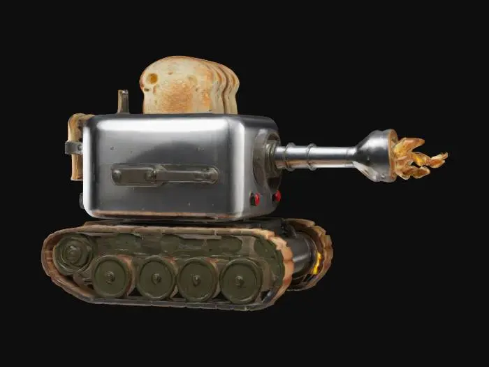 3D model for  The Toaster Cannon 🥖🔥🔫
Description:

A military-grade artillery cannon, but instead of shells, it fires perfectly toasted bread.
Superheated sourdough slices fly at mach speed, dealing catastrophic amounts of breakfast-based damage.
Size & Shape: A massive chrome toaster strapped onto a tank turret., #ChronoForgeWeapon#