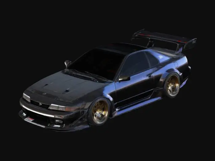 3D model for Highly detailed Nissan 180SX widebody with an aggressive stance, low ride height, custom flared fenders, carbon fiber hood, deep-dish multi-spoke wheels, and a large GT wing. Glossy metallic paint with PBR reflections, realistic decals, and subtle weathering. Detailed headlights, taillights, and aerodynamic vents. High-poly, game-ready model with optimized mesh, smooth UV mapping, and sharp textures for ultra-realistic rendering