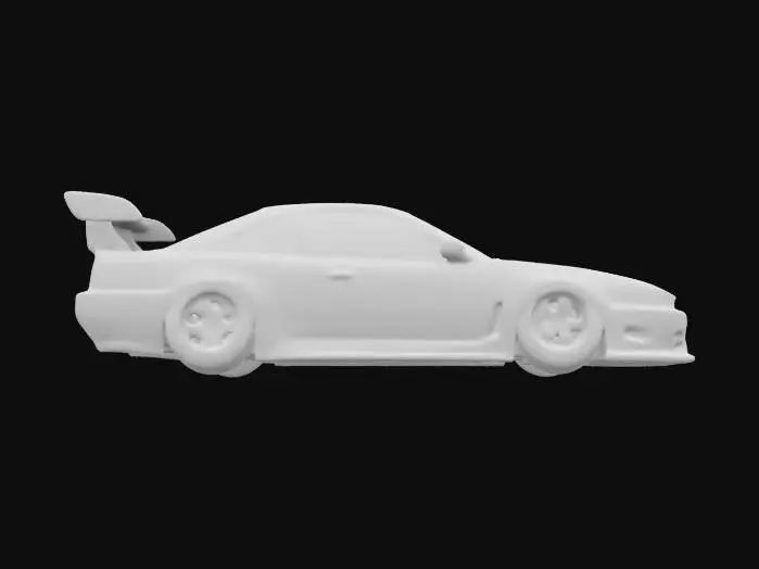 3D model for Highly detailed Nissan 180SX widebody with an aggressive stance, low ride height, custom flared fenders, carbon fiber hood, deep-dish multi-spoke wheels, and a large GT wing. Glossy metallic paint with PBR reflections, realistic decals, and subtle weathering. Detailed headlights, taillights, and aerodynamic vents. High-poly, game-ready model with optimized mesh, smooth UV mapping, and sharp textures for ultra-realistic rendering