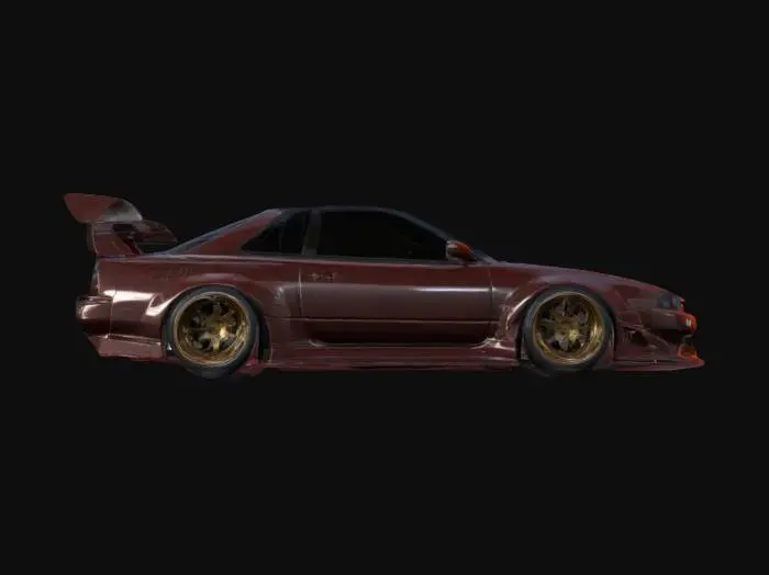 3D model for Highly detailed Nissan 180SX widebody with an aggressive stance, low ride height, custom flared fenders, carbon fiber hood, deep-dish multi-spoke wheels, and a large GT wing. Glossy metallic paint with PBR reflections, realistic decals, and subtle weathering. Detailed headlights, taillights, and aerodynamic vents. High-poly, game-ready model with optimized mesh, smooth UV mapping, and sharp textures for ultra-realistic rendering