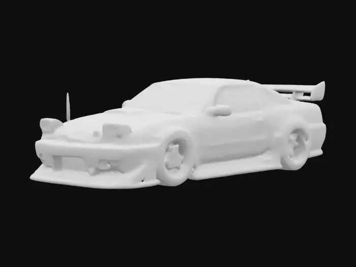 3D model for Widebody 1991 Nissan 240SX (S13) with aggressively flared fenders, lowered stance, deep-dish multi-spoke wheels, and a prominent front splitter. Custom aerodynamic side skirts and a ducktail spoiler enhance its stance. Matte black body with carbon fiber accents on the splitter and skirts. Detailed headlights, vented hood, and subtle rivets on the fender flares. Clean, PBR-optimized surfaces for realistic reflections and shading