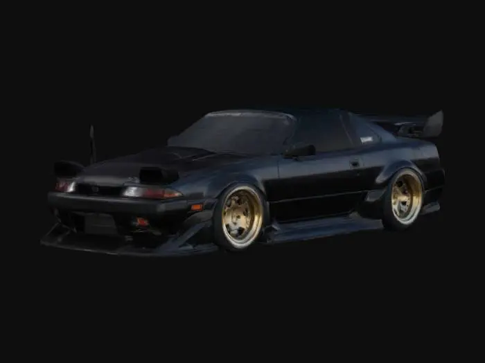 3D model for Widebody 1991 Nissan 240SX (S13) with aggressively flared fenders, lowered stance, deep-dish multi-spoke wheels, and a prominent front splitter. Custom aerodynamic side skirts and a ducktail spoiler enhance its stance. Matte black body with carbon fiber accents on the splitter and skirts. Detailed headlights, vented hood, and subtle rivets on the fender flares. Clean, PBR-optimized surfaces for realistic reflections and shading