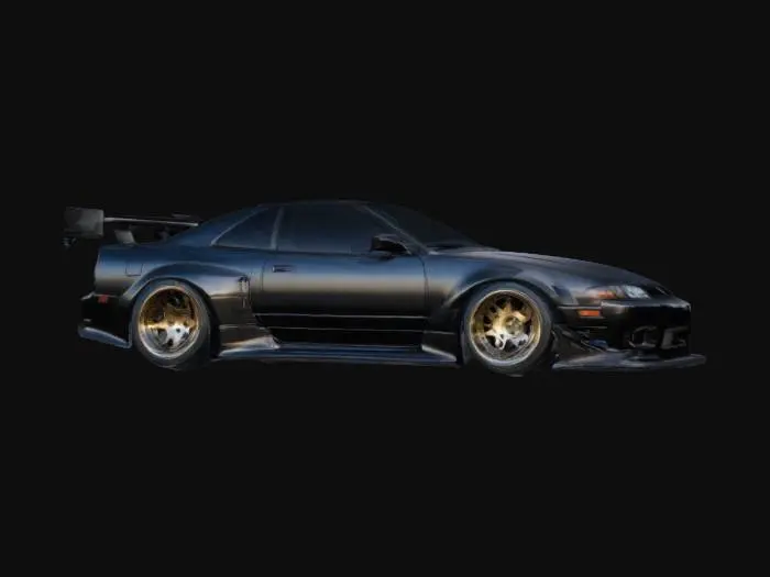 3D model for Widebody 1991 Nissan 240SX (S13) with aggressively flared fenders, lowered stance, deep-dish multi-spoke wheels, and a prominent front splitter. Custom aerodynamic side skirts and a ducktail spoiler enhance its stance. Matte black body with carbon fiber accents on the splitter and skirts. Detailed headlights, vented hood, and subtle rivets on the fender flares. Clean, PBR-optimized surfaces for realistic reflections and shading