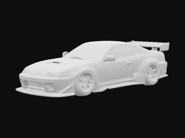 3D model for Subject: Nissan 240SX drift-spec car with a widebody kit, custom spoiler.
Style: Realistic, game-ready, high-performance JDM tuning aesthetic.
Material: Glossy painted body (green with black accents), carbon fiber hood, chrome-finished wheels, black rubber tires.
Details:
Widebody fender flares
Vented carbon fiber hood
Chrome wheels with deep dish rims
Tinted windows
LED headlights and underglow
Exhaust system with visible heat discoloration
Decals on the side for a drift-inspired aesthetic