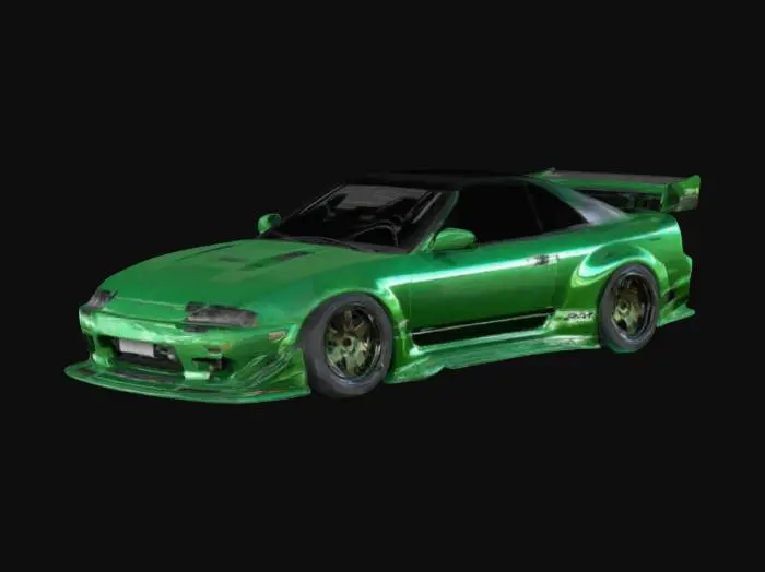 3D model for Subject: Nissan 240SX drift-spec car with a widebody kit, custom spoiler.
Style: Realistic, game-ready, high-performance JDM tuning aesthetic.
Material: Glossy painted body (green with black accents), carbon fiber hood, chrome-finished wheels, black rubber tires.
Details:
Widebody fender flares
Vented carbon fiber hood
Chrome wheels with deep dish rims
Tinted windows
LED headlights and underglow
Exhaust system with visible heat discoloration
Decals on the side for a drift-inspired aesthetic