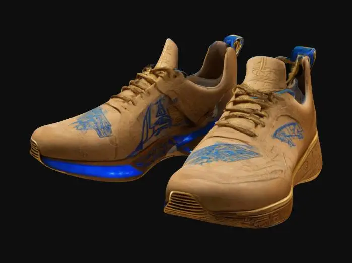 3D model for A pair of sneakers once worn by an Egyptian Pharaoh, infused with futuristic anti-gravity tech. The base is crafted from golden sandstone with hieroglyphic carvings that light up when in motion. The laces are woven from nanofiber, adjusting to the wearer’s foot shape. The soles emit bursts of blue energy, leaving behind trails of ancient symbols in the air. PBR materials: metallic gold, soft linen, and glowing neon energy, #ChronoForgeWeapon#