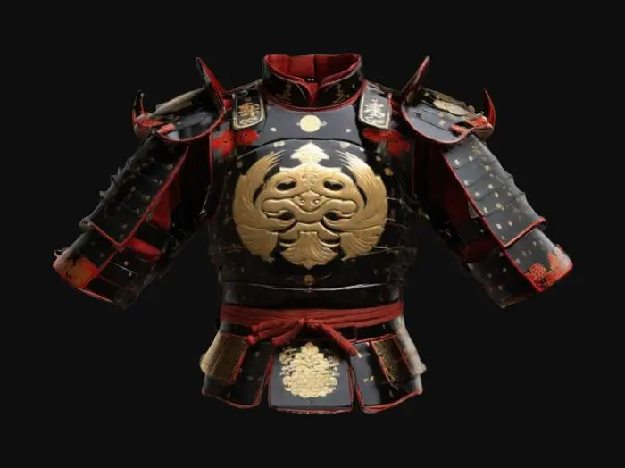 3D model for A traditional samurai cuirass, its lacquered plates infused with futuristic energy shielding. The chestpiece bears the Kamon crest, which glows when activated. The shoulder guards extend into semi-transparent force fields, repelling incoming attacks. The entire suit hums with an ancient battle spirit that chants in Edo-period poetry. PBR textures: polished iron, matte lacquer, and glowing blue light, #ChronoForgeWeapon#