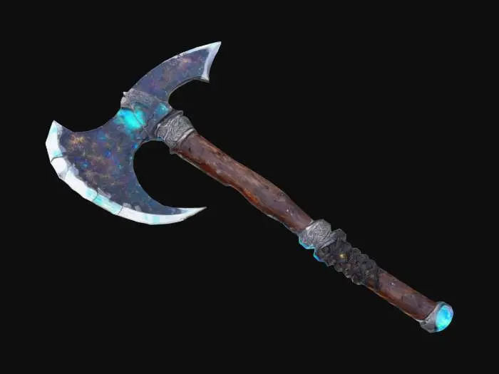 3D model for The Meteor Axe – Starfall Cleaver
A double-headed battle axe, its massive jagged blades forged from a dark meteorite, veined with glowing silver streaks. The central socket contains a cracked, iridescent opal, pulsing with a faint glow. The haft is made of petrified wood, wrapped in braided mammoth hide with bone studs lining its length., #ChronoForgeWeapon#