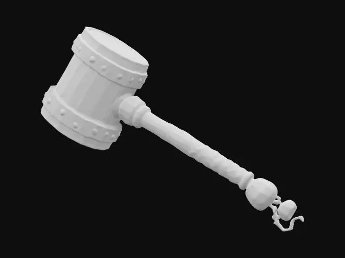 3D model for "A colossal, oakwood hammer with runed iron bands securing its structure. The head is shaped like a massive drinking tankard, complete with a frothing, golden ale-like glow spilling over the rim. The handle is wrapped in braided bear-hide leather, reinforced with heavy brass studs. A small, silver drinking horn is attached to the pommel with a wrought-iron chain.", #ChronoForgeWeapon#