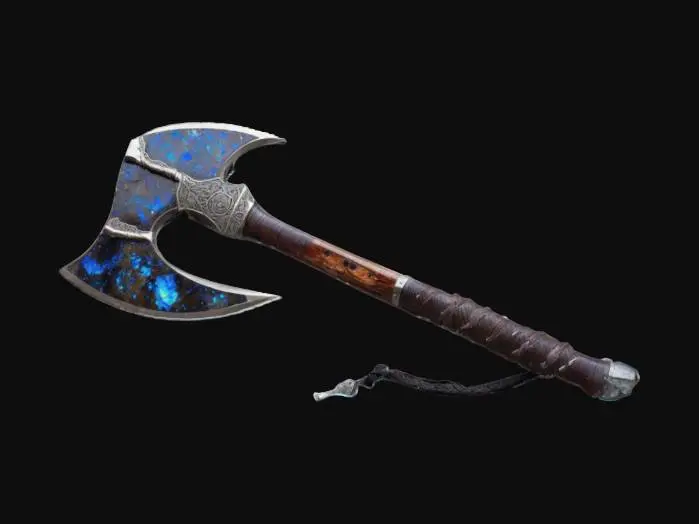 3D model for The Meteor Axe – Starfall Cleaver
A double-headed battle axe, its massive jagged blades forged from a dark meteorite, veined with glowing silver streaks. The central socket contains a cracked, iridescent opal, pulsing with a faint glow. The haft is made of petrified wood, wrapped in braided mammoth hide with bone studs lining its length., #ChronoForgeWeapon#