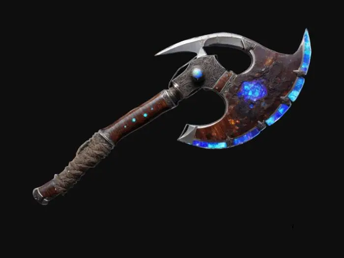 3D model for The Meteor Axe – Starfall Cleaver
A double-headed battle axe, its massive jagged blades forged from a dark meteorite, veined with glowing silver streaks. The central socket contains a cracked, iridescent opal, pulsing with a faint glow. The haft is made of petrified wood, wrapped in braided mammoth hide with bone studs lining its length., #ChronoForgeWeapon#