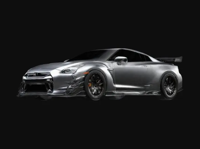 3D model for "Widebody Nissan GT-R R35 with aggressively flared fenders and visible rivets. Ultra-low stance, deep-dish multi-spoke wheels with a concave profile. Large carbon fiber front splitter, aerodynamic side skirts, and an extended GT-style wing. Matte gunmetal gray body with carbon fiber hood, roof, and rear diffuser. Detailed LED headlights, functional hood vents, and titanium-finished quad exhaust tips. High-poly details with PBR-optimized reflections for realistic lighting and shading." 