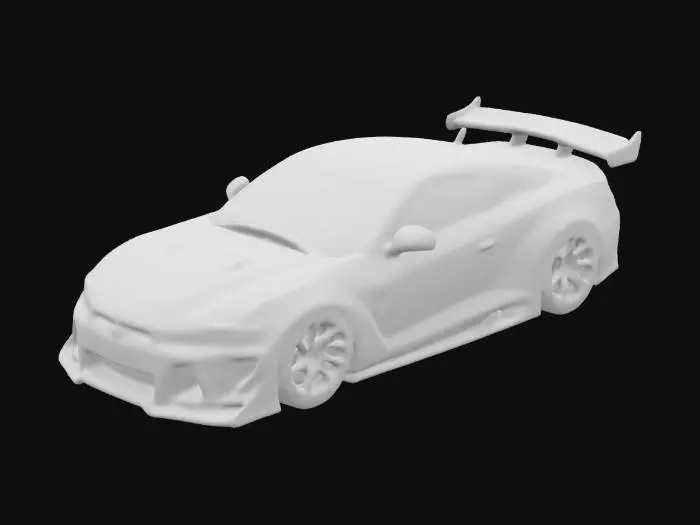 3D model for "Widebody Nissan GT-R R35 with aggressively flared fenders and visible rivets. Ultra-low stance, deep-dish multi-spoke wheels with a concave profile. Large carbon fiber front splitter, aerodynamic side skirts, and an extended GT-style wing. Matte gunmetal gray body with carbon fiber hood, roof, and rear diffuser. Detailed LED headlights, functional hood vents, and titanium-finished quad exhaust tips. High-poly details with PBR-optimized reflections for realistic lighting and shading." 