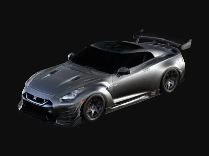 3D model for "Widebody Nissan GT-R R35 with aggressively flared fenders and visible rivets. Ultra-low stance, deep-dish multi-spoke wheels with a concave profile. Large carbon fiber front splitter, aerodynamic side skirts, and an extended GT-style wing. Matte gunmetal gray body with carbon fiber hood, roof, and rear diffuser. Detailed LED headlights, functional hood vents, and titanium-finished quad exhaust tips. High-poly details with PBR-optimized reflections for realistic lighting and shading." 