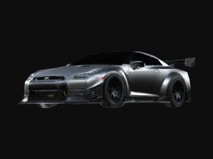3D model for widebody Nissan GT-R R35 with aggressively flared fenders, secured with visible rivets for a raw motorsport aesthetic. The stance is ultra-low, sitting on deep-dish, concave multi-spoke wheels finished in gloss black or brushed aluminum. A large carbon fiber front splitter extends forward, paired with aerodynamic side skirts and an oversized GT-style wing mounted on billet aluminum brackets. 