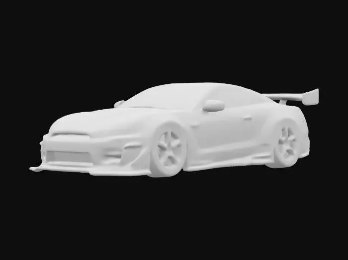 3D model for "Widebody Nissan GT-R R35 with aggressively flared fenders and visible rivets. Ultra-low stance, deep-dish multi-spoke wheels with a concave profile. Large carbon fiber front splitter, aerodynamic side skirts, and an extended GT-style wing. Matte gunmetal gray body with carbon fiber hood, roof, and rear diffuser. Detailed LED headlights, functional hood vents, and titanium-finished quad exhaust tips. High-poly details with PBR-optimized reflections for realistic lighting and shading." 