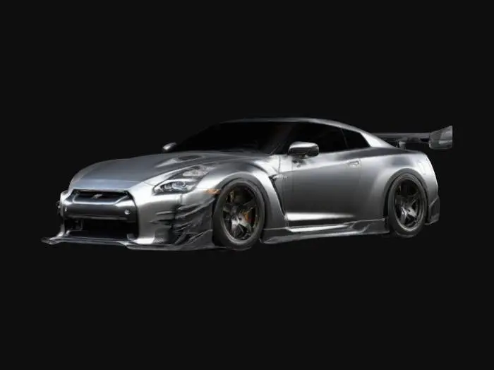 3D model for "Widebody Nissan GT-R R35 with aggressively flared fenders and visible rivets. Ultra-low stance, deep-dish multi-spoke wheels with a concave profile. Large carbon fiber front splitter, aerodynamic side skirts, and an extended GT-style wing. Matte gunmetal gray body with carbon fiber hood, roof, and rear diffuser. Detailed LED headlights, functional hood vents, and titanium-finished quad exhaust tips. High-poly details with PBR-optimized reflections for realistic lighting and shading." 