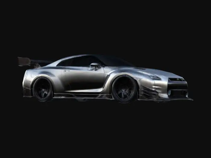 3D model for widebody Nissan GT-R R35 with aggressively flared fenders, secured with visible rivets for a raw motorsport aesthetic. The stance is ultra-low, sitting on deep-dish, concave multi-spoke wheels finished in gloss black or brushed aluminum. A large carbon fiber front splitter extends forward, paired with aerodynamic side skirts and an oversized GT-style wing mounted on billet aluminum brackets. 