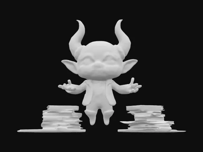 3D model for "A chibi-sized, floating IRS demon in a miniature tailored suit with a glowing pocket watch. Its piercing, luminous eyes radiate silent judgment as it hovers weightlessly. Instead of money, it collects regrets, absorbing them like wisps of energy. Tiny, spectral ledgers float around it, recording every questionable life choice. Its expression remains unimpressed, a cosmic auditor of fate."