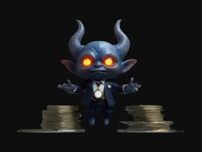3D model for "A chibi-sized, floating IRS demon in a miniature tailored suit with a glowing pocket watch. Its piercing, luminous eyes radiate silent judgment as it hovers weightlessly. Instead of money, it collects regrets, absorbing them like wisps of energy. Tiny, spectral ledgers float around it, recording every questionable life choice. Its expression remains unimpressed, a cosmic auditor of fate."