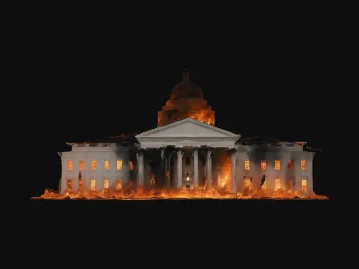 3D model for A dramatic scene depicting the White House government building engulfed in flames, with thick black smoke billowing into the sky. The fire rages intensely, illuminating the night with an eerie orange glow. Parts of the structure are visibly damaged, with crumbling pillars and shattered windows. Sparks and embers swirl through the air, adding to the chaotic atmosphere. The scene is cinematic, evoking a sense of destruction and urgency."