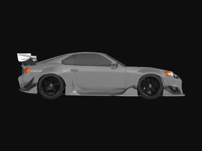 3D model for {
  "prompt": "a highpoly model of a 2013 Nissan 240sx S13 with an aggressive widebody kit, featuring flared fenders, deep front splitter, side skirts, and a ducktail spoiler. The car is clean, matte metallic grey with black racing wheels, detailed headlights, and a lowered stance. Displayed in a neutral studio environment with soft shadows and even lighting.",
  "format": "OBJ",
  "polycount": "highpoly"
}
