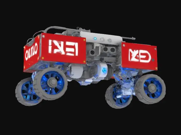 3D model for {
  "Object": "CI/CD pipeline mech-car",
  "Material": "metal, plastic tubing, and LED status lights",
  "Shape/Form": "modular assembly line body with robotic limbs, conveyor belt wheels, and server rack cockpit",
  "Color Scheme": "metal gray, blue status lights, and red ‘FAILED’ warning banners",
  "Texture Details": "industrial rivets, fan grates, loading bar decals",
  "Style": "realistic",
  "Environment/Use Context": "racing through a build server warehouse with Jenkins pipes and Git merge mines",
  "Reference Models": "inspired by DevOps dashboards and Jenkins mascots"
}
