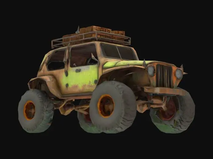 3D model for {
  "Object": "old Go workspace dune buggy",
  "Material": "rusty steel, rubber, and terminal glass",
  "Shape/Form": "buggy frame with a cargo rack holding $GOPATH crates, and pipes spewing build logs",
  "Color Scheme": "CLI green, dusty gray, and faded Go blue",
  "Texture Details": "rusted frame, ASCII log patterns, crate scratches",
  "Style": "realistic",
  "Environment/Use Context": "racing through a deprecated pipeline wasteland",
  "Reference Models": "inspired by Go's pre-module era and dusty build systems"
}
