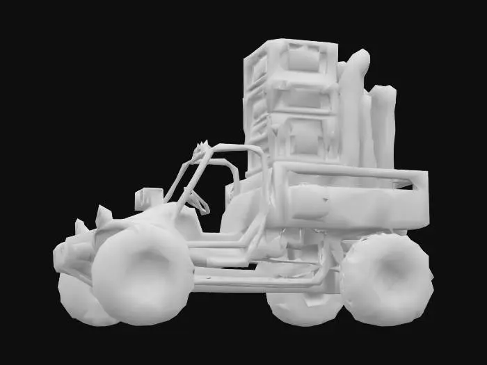 3D model for {
  "Object": "old Go workspace dune buggy",
  "Material": "rusty steel, rubber, and terminal glass",
  "Shape/Form": "buggy frame with a cargo rack holding $GOPATH crates, and pipes spewing build logs",
  "Color Scheme": "CLI green, dusty gray, and faded Go blue",
  "Texture Details": "rusted frame, ASCII log patterns, crate scratches",
  "Style": "realistic",
  "Environment/Use Context": "racing through a deprecated pipeline wasteland",
  "Reference Models": "inspired by Go's pre-module era and dusty build systems"
}
