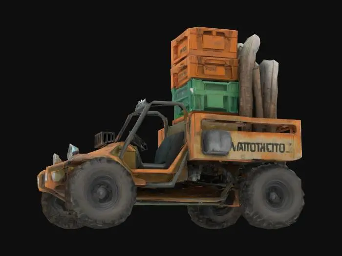 3D model for {
  "Object": "old Go workspace dune buggy",
  "Material": "rusty steel, rubber, and terminal glass",
  "Shape/Form": "buggy frame with a cargo rack holding $GOPATH crates, and pipes spewing build logs",
  "Color Scheme": "CLI green, dusty gray, and faded Go blue",
  "Texture Details": "rusted frame, ASCII log patterns, crate scratches",
  "Style": "realistic",
  "Environment/Use Context": "racing through a deprecated pipeline wasteland",
  "Reference Models": "inspired by Go's pre-module era and dusty build systems"
}
