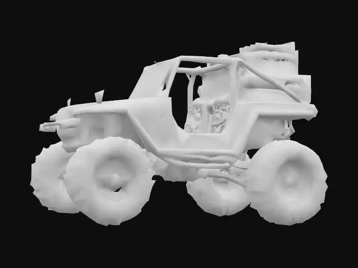 3D model for {
  "Object": "old Go workspace dune buggy",
  "Material": "rusty steel, rubber, and terminal glass",
  "Shape/Form": "buggy frame with a cargo rack holding $GOPATH crates, and pipes spewing build logs",
  "Color Scheme": "CLI green, dusty gray, and faded Go blue",
  "Texture Details": "rusted frame, ASCII log patterns, crate scratches",
  "Style": "realistic",
  "Environment/Use Context": "racing through a deprecated pipeline wasteland",
  "Reference Models": "inspired by Go's pre-module era and dusty build systems"
}
