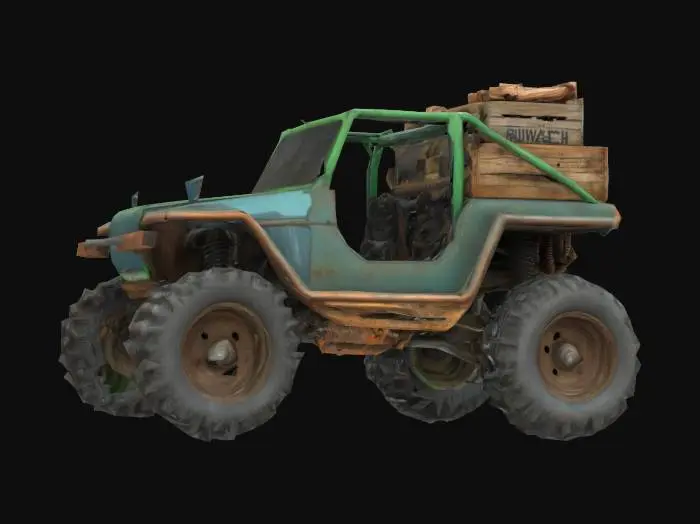 3D model for {
  "Object": "old Go workspace dune buggy",
  "Material": "rusty steel, rubber, and terminal glass",
  "Shape/Form": "buggy frame with a cargo rack holding $GOPATH crates, and pipes spewing build logs",
  "Color Scheme": "CLI green, dusty gray, and faded Go blue",
  "Texture Details": "rusted frame, ASCII log patterns, crate scratches",
  "Style": "realistic",
  "Environment/Use Context": "racing through a deprecated pipeline wasteland",
  "Reference Models": "inspired by Go's pre-module era and dusty build systems"
}
