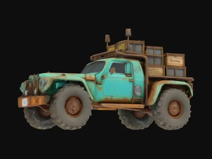 3D model for {
  "Object": "old Go workspace dune buggy",
  "Material": "rusty steel, rubber, and terminal glass",
  "Shape/Form": "buggy frame with a cargo rack holding $GOPATH crates, and pipes spewing build logs",
  "Color Scheme": "CLI green, dusty gray, and faded Go blue",
  "Texture Details": "rusted frame, ASCII log patterns, crate scratches",
  "Style": "realistic",
  "Environment/Use Context": "racing through a deprecated pipeline wasteland",
  "Reference Models": "inspired by Go's pre-module era and dusty build systems"
}
