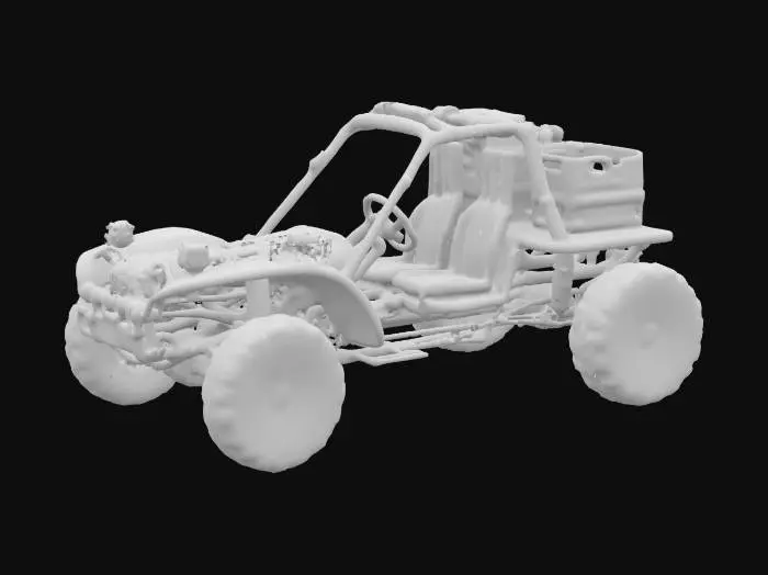 3D model for {
  "Object": "old Go workspace dune buggy",
  "Material": "rusty steel, rubber, and terminal glass",
  "Shape/Form": "buggy frame with a cargo rack holding $GOPATH crates, and pipes spewing build logs",
  "Color Scheme": "CLI green, dusty gray, and faded Go blue",
  "Texture Details": "rusted frame, ASCII log patterns, crate scratches",
  "Style": "realistic",
  "Environment/Use Context": "racing through a deprecated pipeline wasteland",
  "Reference Models": "inspired by Go's pre-module era and dusty build systems"
}
