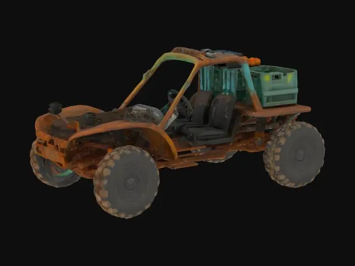 3D model for {
  "Object": "old Go workspace dune buggy",
  "Material": "rusty steel, rubber, and terminal glass",
  "Shape/Form": "buggy frame with a cargo rack holding $GOPATH crates, and pipes spewing build logs",
  "Color Scheme": "CLI green, dusty gray, and faded Go blue",
  "Texture Details": "rusted frame, ASCII log patterns, crate scratches",
  "Style": "realistic",
  "Environment/Use Context": "racing through a deprecated pipeline wasteland",
  "Reference Models": "inspired by Go's pre-module era and dusty build systems"
}
